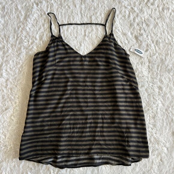 NWT Old Navy Casual Striped Sleeveless V-Neck Tank Top Small Rayon Black/Brown - Picture 1 of 4